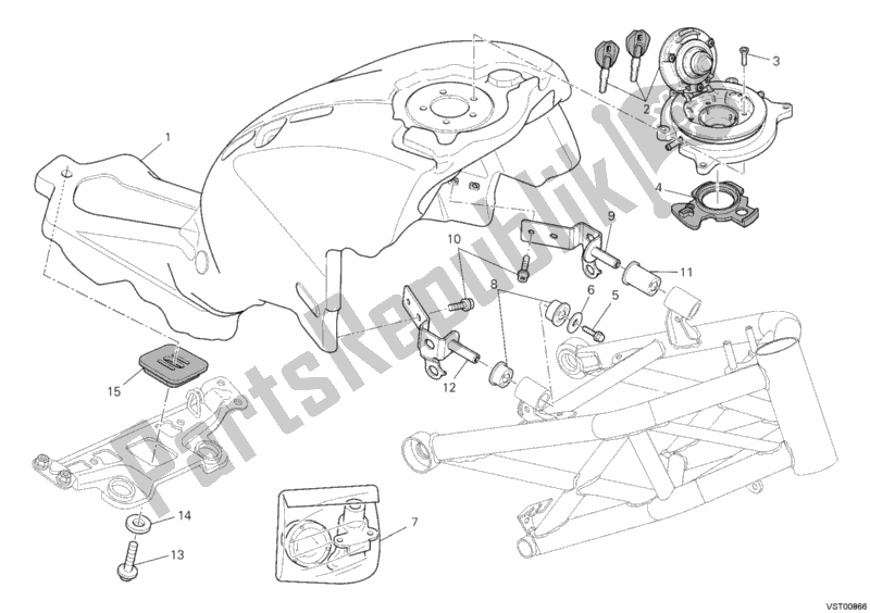 All parts for the Fuel Tank of the Ducati Monster 696 ABS USA 2012